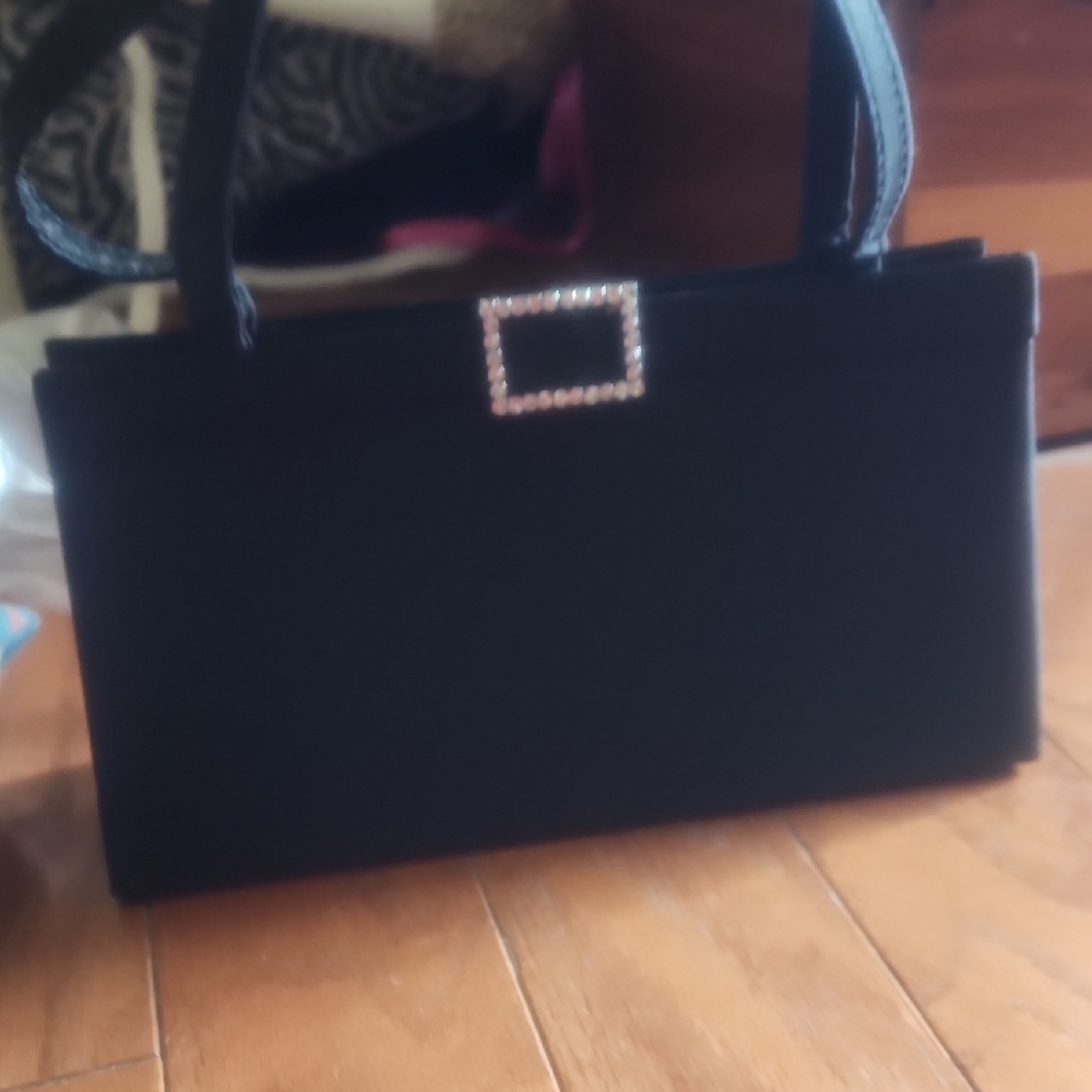 Elegant Black Handbag with Rhinestone Buckle
